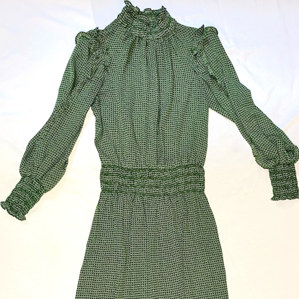 Maxi Green Geometric Print dress with Ruched Detailing